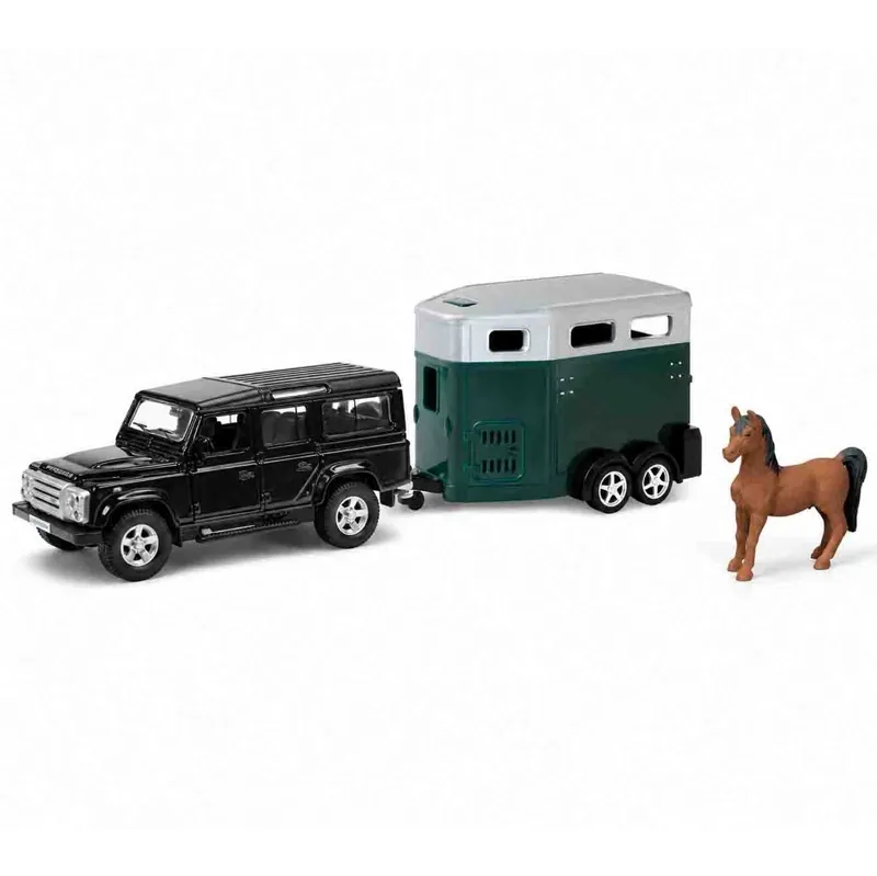 Platinum Land Rover Defender with Horse Trailer Toy Set - Black/Green