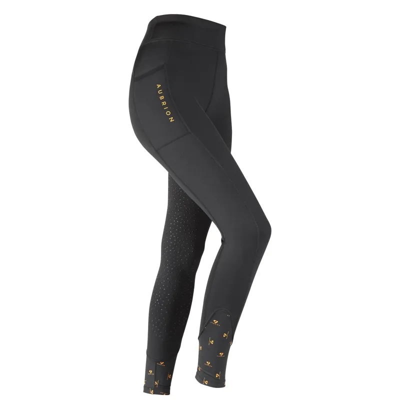 Aubrion Porter Full Grip Junior Girls Winter Riding Tights - Black-1