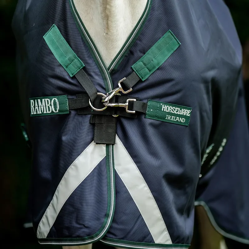 Rambo Wug 0g High Neck Turnout Blanket - Navy/Hunter Green-7