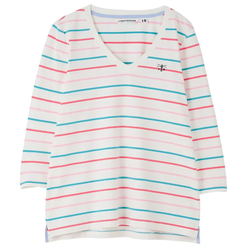 Lighthouse Ariana Womens 3/4 Sleeve T-Shirt - Coral/Teal Stripe-3