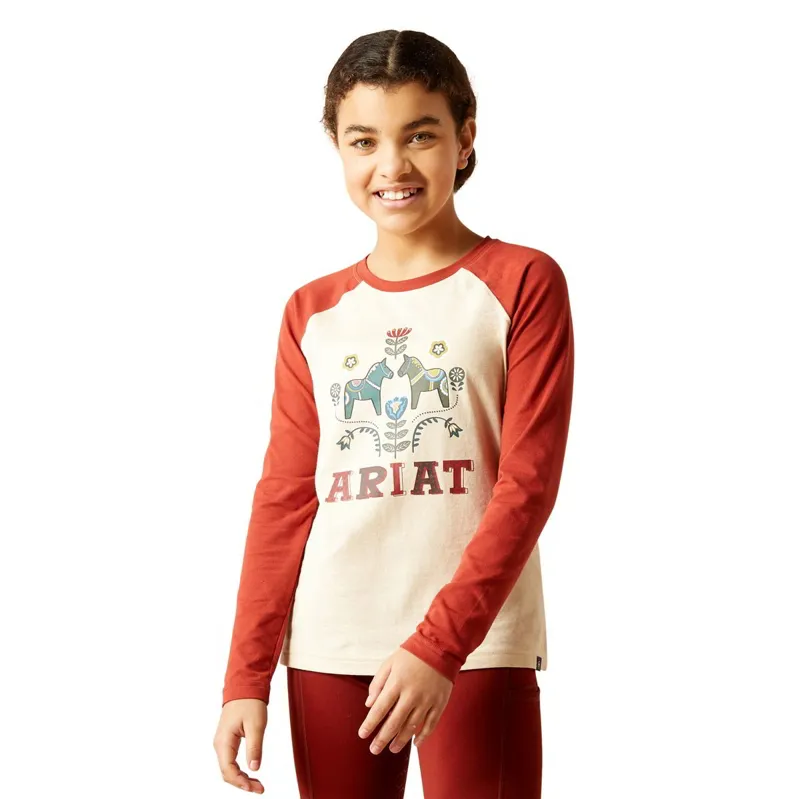 Ariat Dala Horses Junior Girls Long Sleeve Tee - Oatmeal Heather/Red Ochre