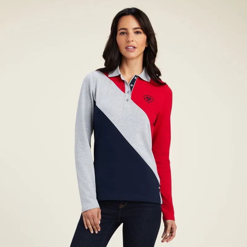Ariat Taryn Womens Long Sleeve Polo Shirt - Red/Grey/Navy - X-Small