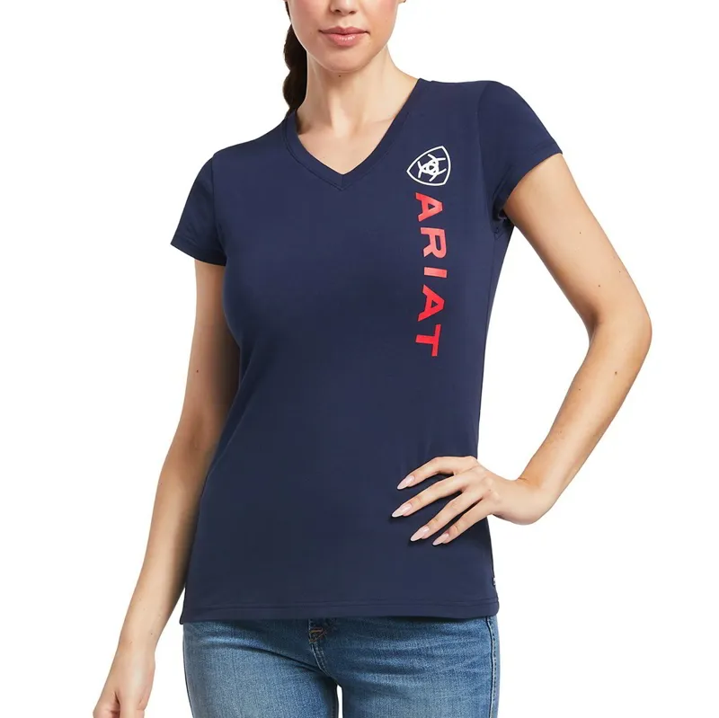 Ariat Vertical Logo Womens Tee - V1 Navy/Red - X-Small