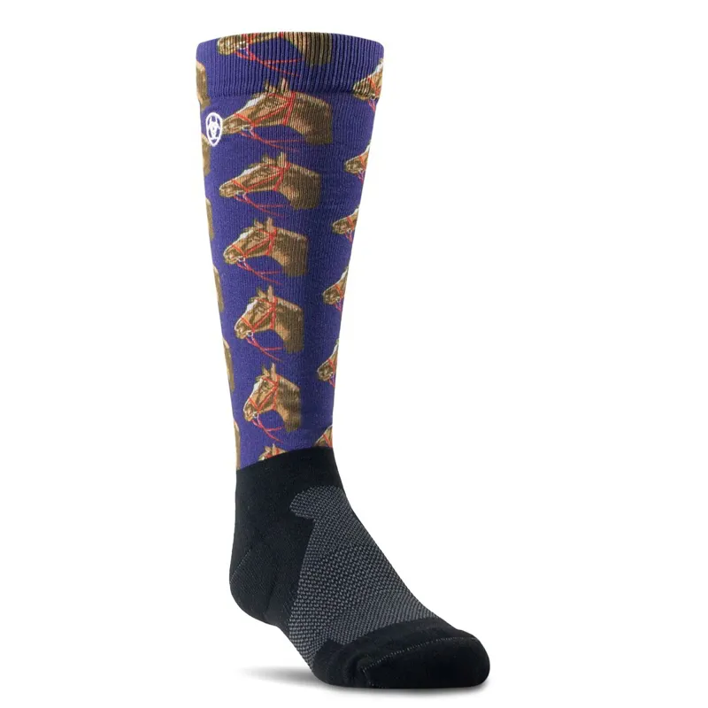 AriatTEK Slim Junior Printed Tall Riding Socks - Horse/Navy