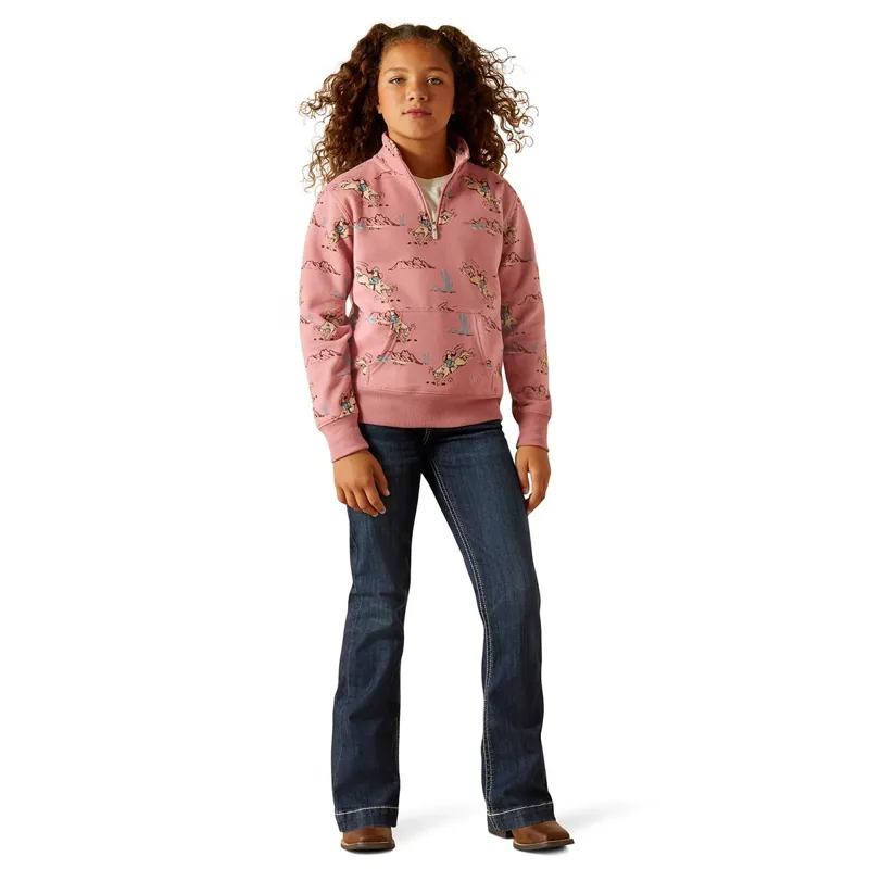 Ariat Bronc Scene Junior Girls 1/4 Zip Sweatshirt - Bronc Toile-1