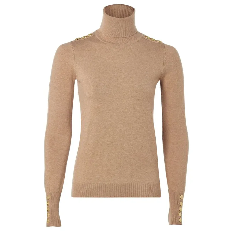 Holland Cooper Buttoned Knit Womens Turtleneck - Dark Camel-5