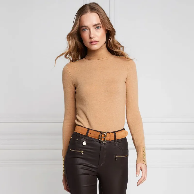 Holland Cooper Buttoned Knit Womens Turtleneck - Dark Camel