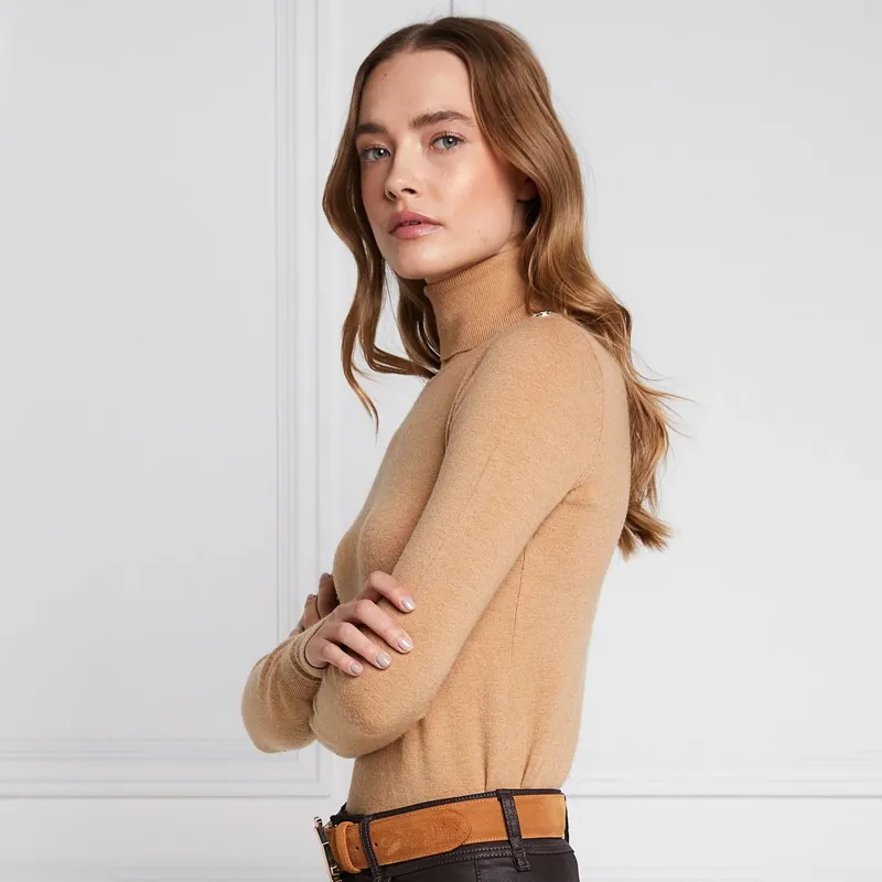 Holland Cooper Buttoned Knit Womens Turtleneck - Dark Camel-1