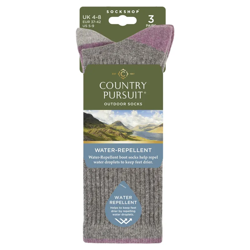 Country Pursuit Women's Water Resistant Boot Socks 3 Pack - Grey/Pink-1