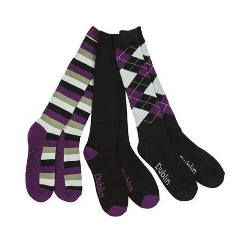 Dublin 3 Pack Tall Riding Socks - Black/Purple/Grey