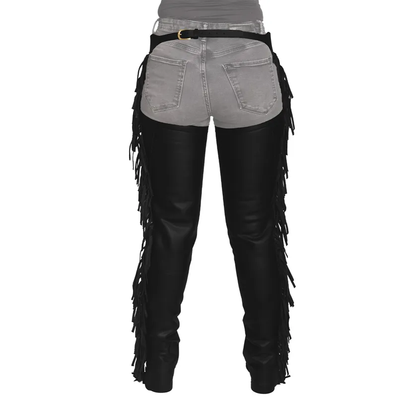 Dy'on Vegan Leather Long Chaps with Fringes - Black-1