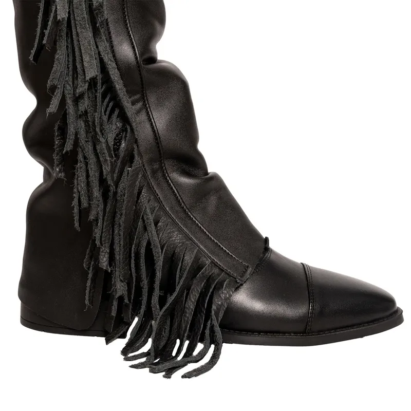 Dy'on Vegan Leather Long Chaps with Fringes - Black-3