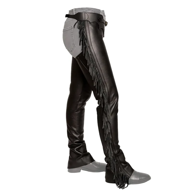Dy'on Vegan Leather Long Chaps with Fringes - Black-2