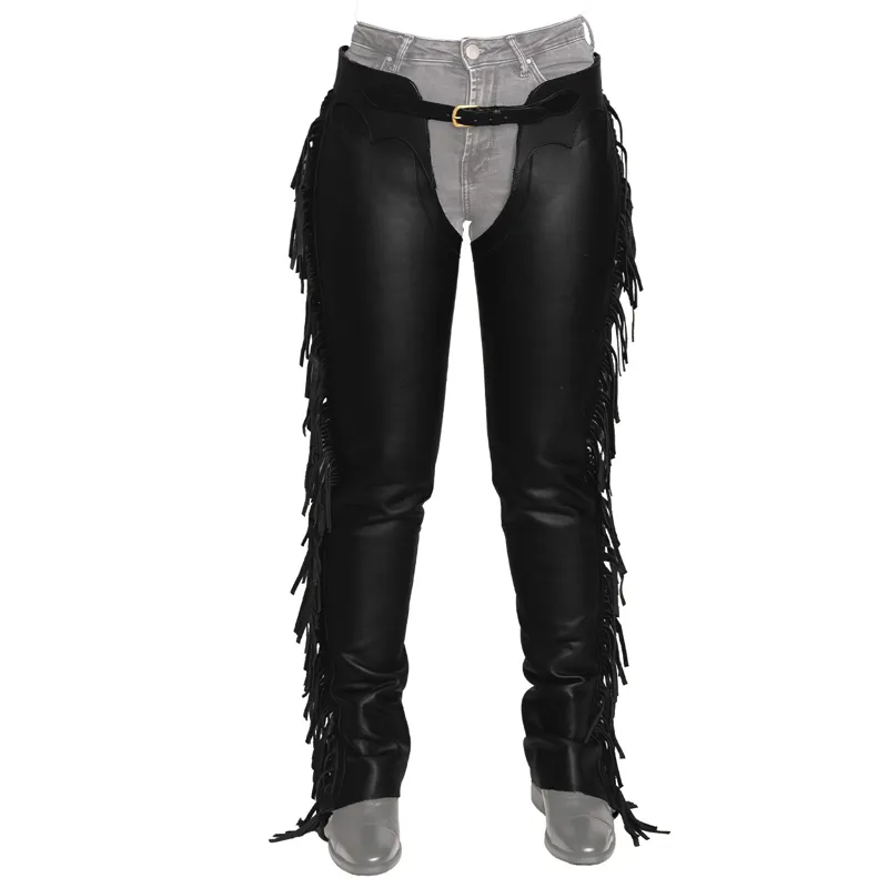 Dy'on Vegan Leather Long Chaps with Fringes - Black