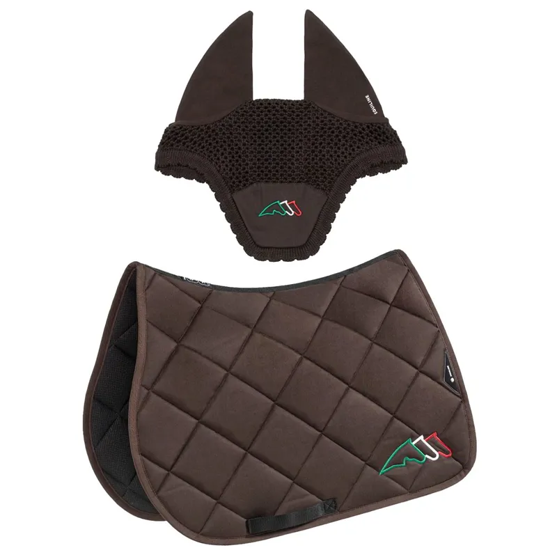 Equiline EQTRICOLORE Jumping Saddle Pad and Ear Net Set - Brown
