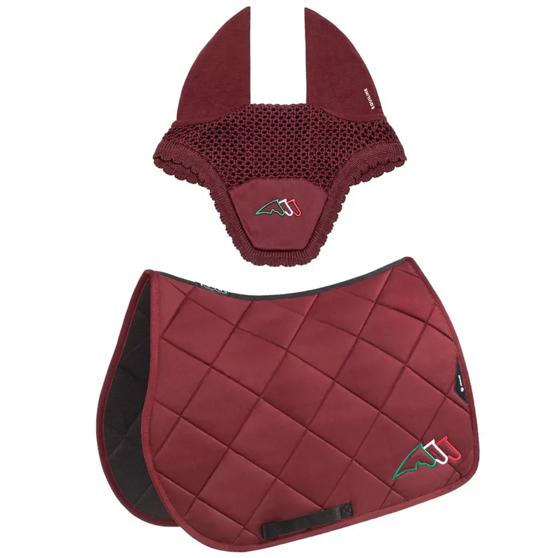 Equiline EQTRICOLORE Jump Saddle Pad and Ear Net Set - Burgundy