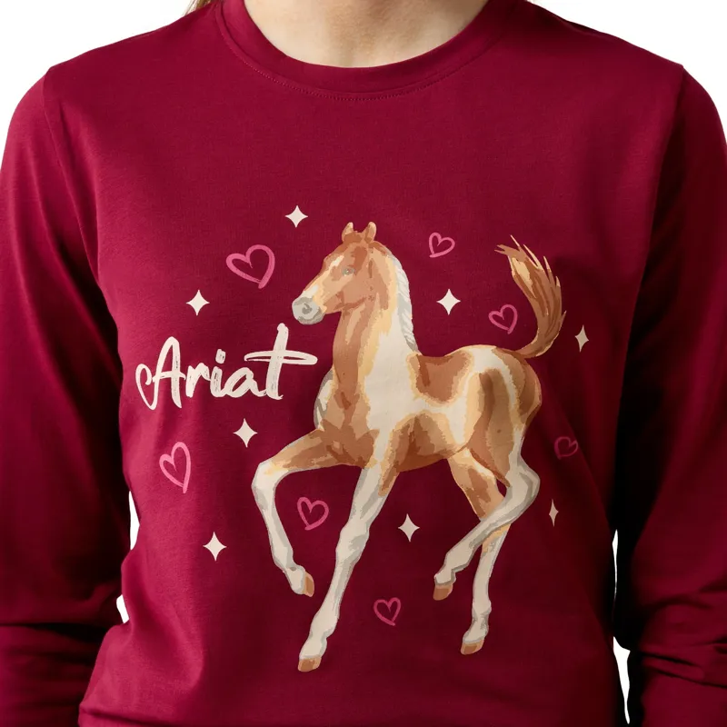 Ariat Painted Dream Junior Girls Long Sleeve Tee - Beet Red-2