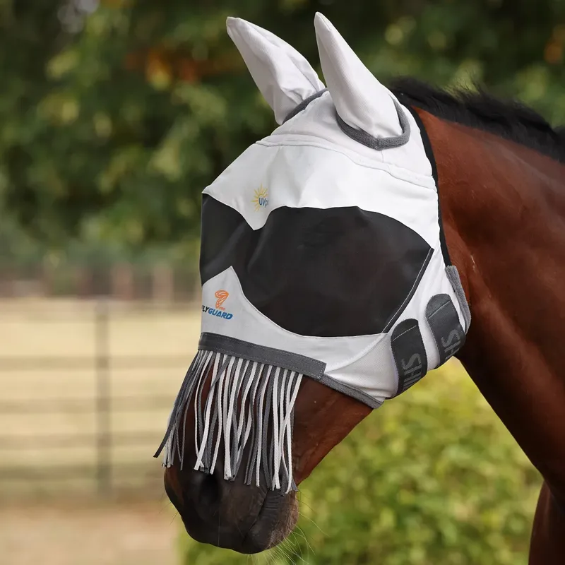 Shires FlyGuard Pro Sun Shade Fly Mask with Ears and Fringe - White