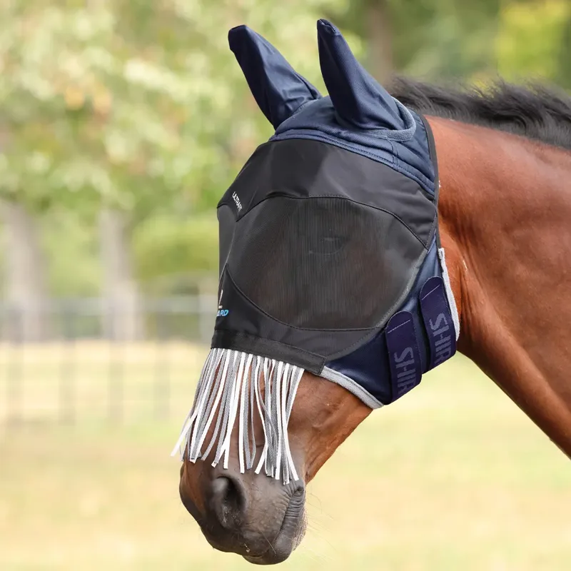 Shires FlyGuard Pro Deluxe Fly Mask with Ears and Nose Fringe - Navy
