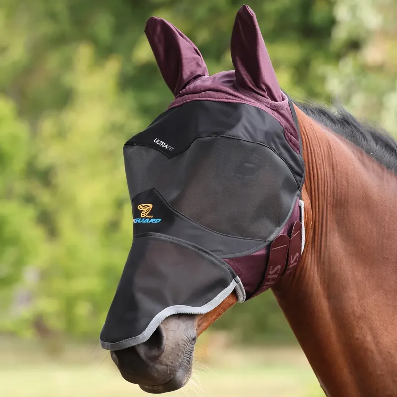 Shires FlyGuard Pro Deluxe Fly Mask with Ears and Nose - Black Cherry