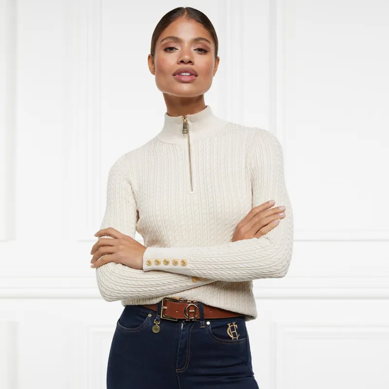 Holland Cooper Ava Half Zip Cable Knit Ladies Sweater - Almond-1
