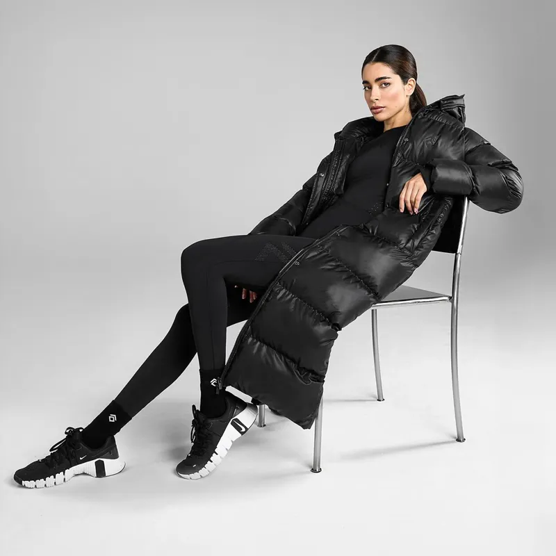 Aztec Diamond Women's Heavy Quilted Long Puffer Coat - Black-8