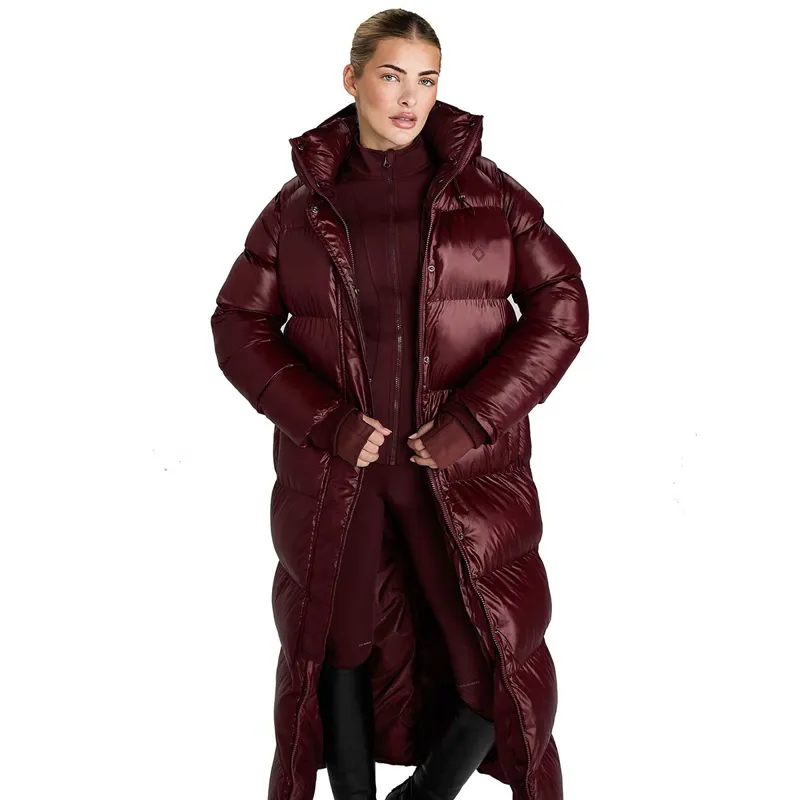 Aztec Diamond Women's Heavy Quilted Long Puffer Coat - Cherry-1