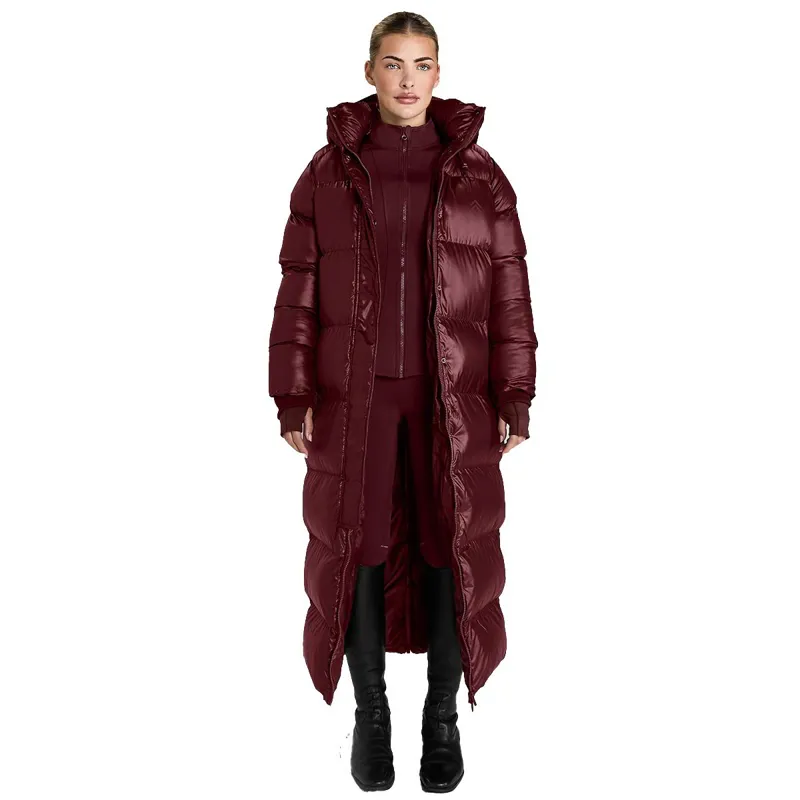 Aztec Diamond Women's Heavy Quilted Long Puffer Coat - Cherry-2