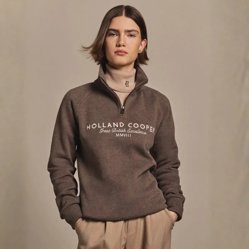 Holland Cooper Sporting Goods Henley Womens Quarter Zip Sweater - Chocolate Marl
