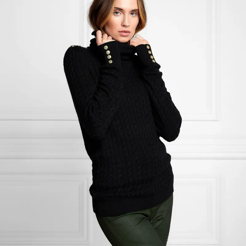 Holland Cooper Seattle Roll Neck Ladies Cable Knit Sweater-Black-1