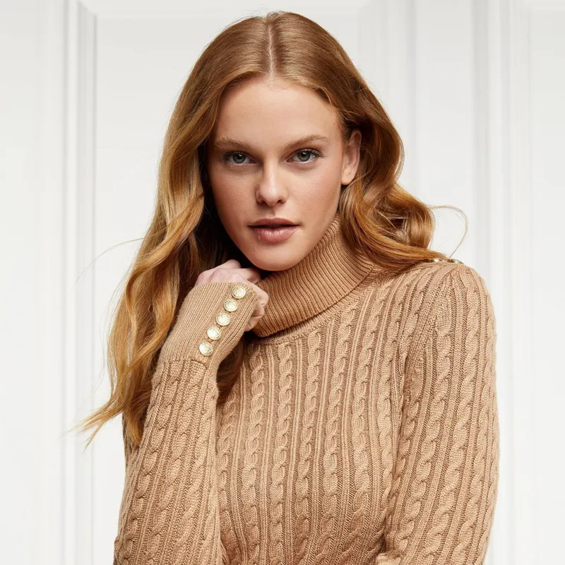Holland Cooper Seattle Turtleneck Cable Knit Sweater - Dark Camel-1