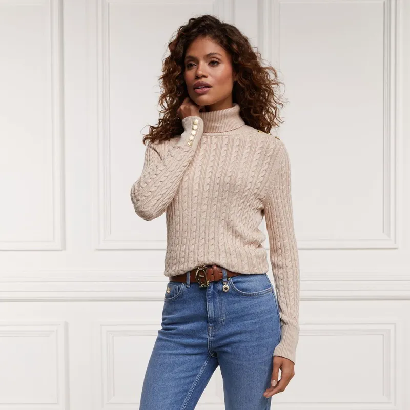 Holland Cooper Seattle Roll Neck Ladies Cable Knit Sweater - Oatmeal-2