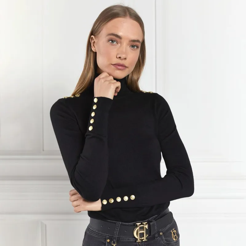 Holland Cooper Buttoned Knit Womens Turtleneck Top - Black