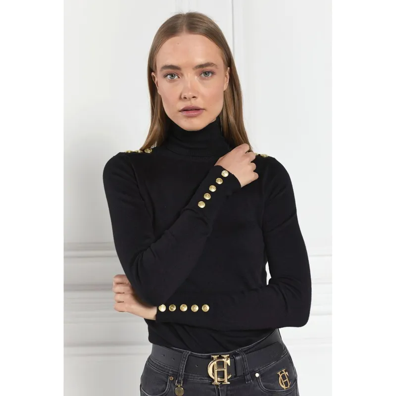 Holland Cooper Buttoned Knit Womens Turtleneck Top - Black-2