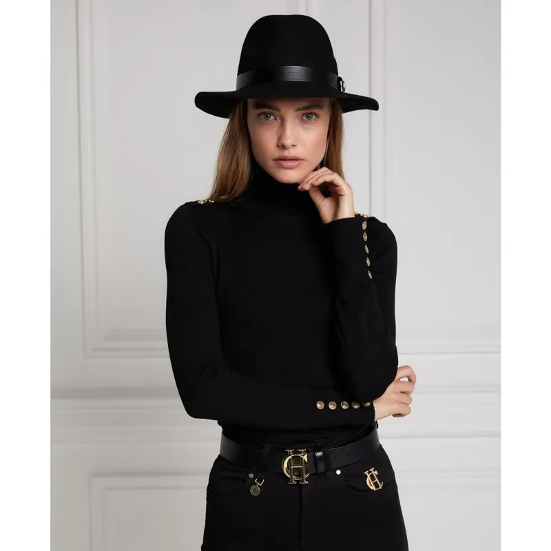 Holland Cooper Buttoned Knit Womens Turtleneck Top - Black-3