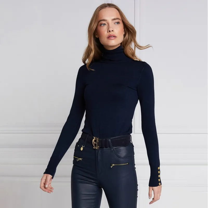 Holland Cooper Buttoned Knit Ladies Turtleneck Top - Navy