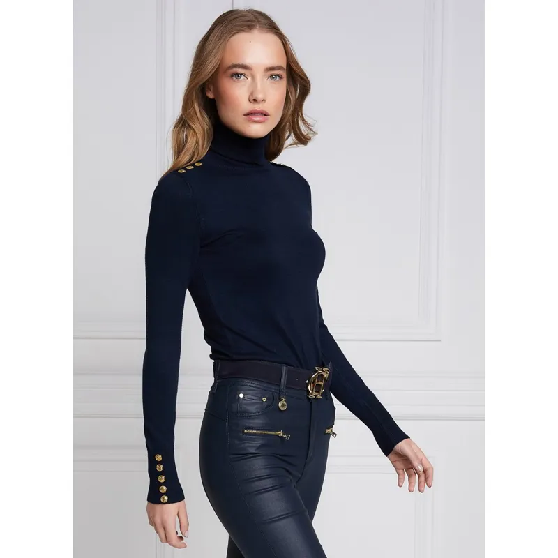Holland Cooper Buttoned Knit Ladies Turtleneck Top - Navy-1