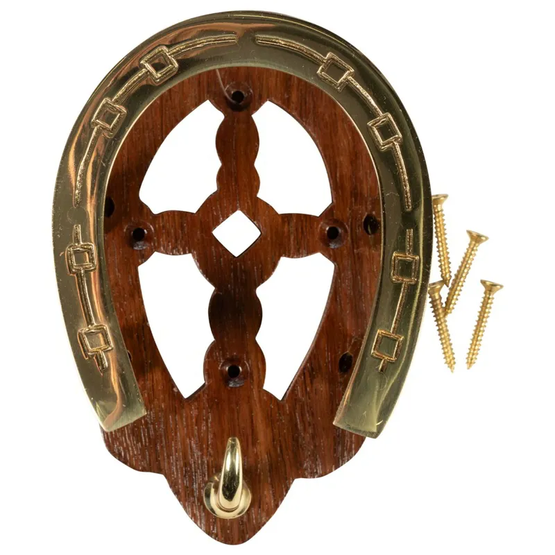 HKM Horseshoe Bridle Hook Made of Wood and Brass in Brown