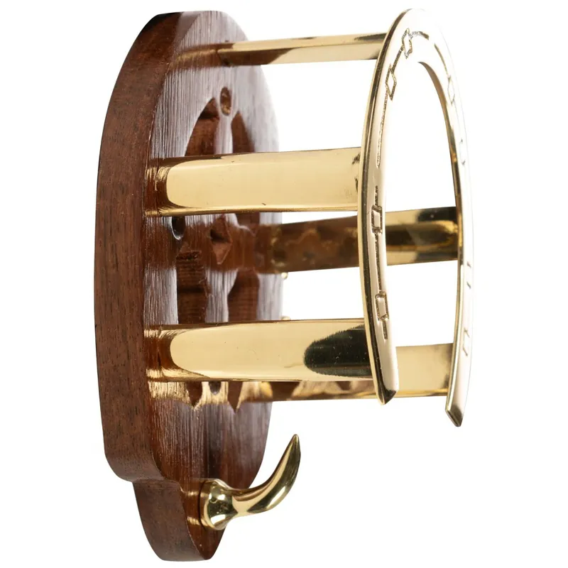 HKM Horseshoe Bridle Hook - Wooden/Brass-1