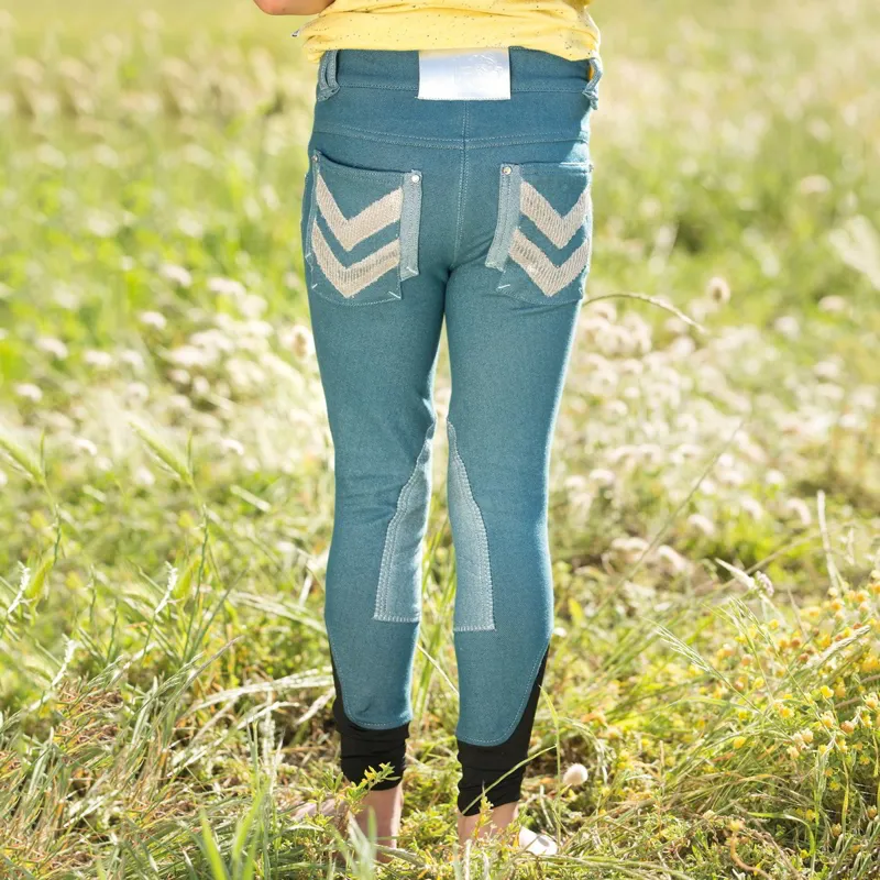 Horseware Knitted Denim Kids Knee Patch Breeches - Brittany Blue-1