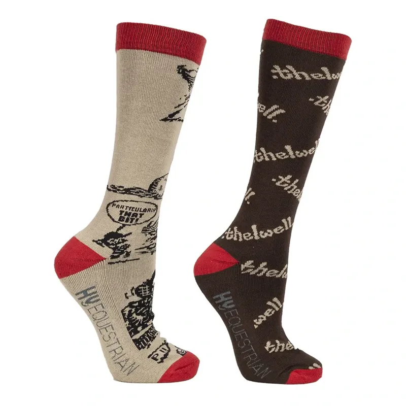 Hy Equestrian Thelwell Comic Chaos Junior Riding Socks - Taupe/Red