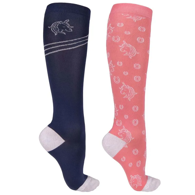 QHP Jaily Junior Riding Socks 2 Pack - Blue/Pink