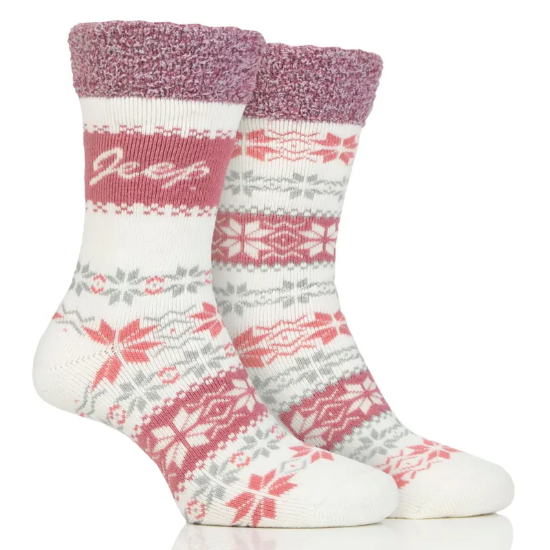 Jeep Brushed Womens Thermal Boot Socks 2 Pack - Cream/Rose