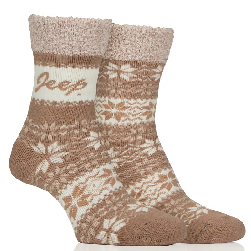 Jeep Brushed Womens Thermal Boot Socks 2 Pack - Fawn/Ecru