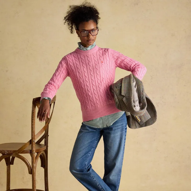 Joules Classic Cable Cotton Womens Crew Neck Sweater - Pink-7