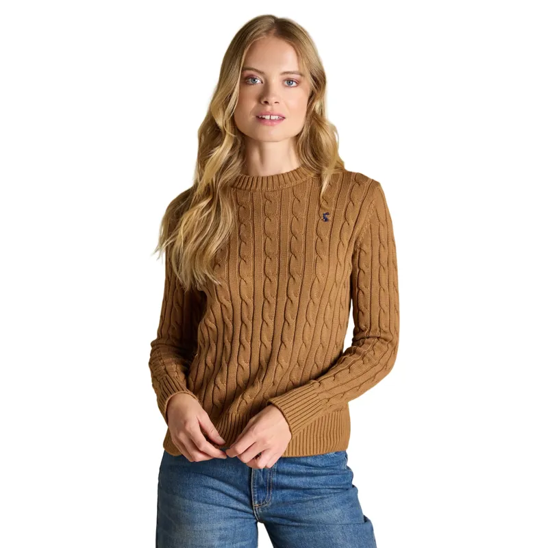 Joules Classic Cable Cotton Women's Crew Neck Sweater - Camel
