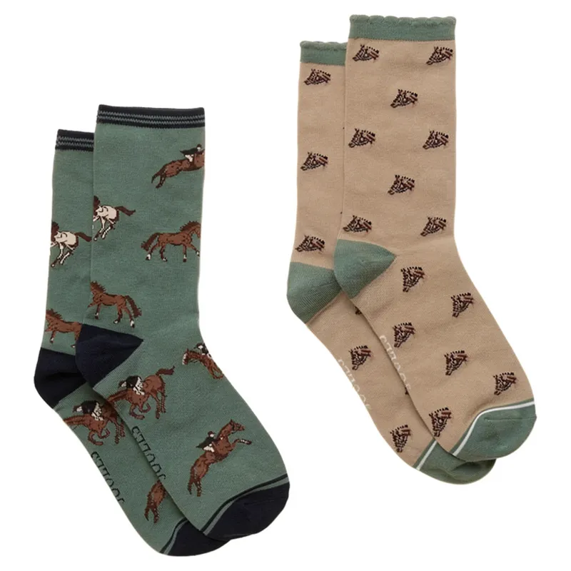 Joules Everyday Women's Socks 2 Pack - Khaki Horse/Neutral Horse