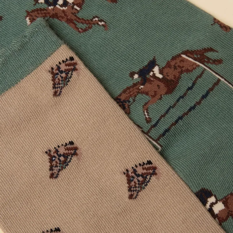 Joules Everyday Women's Socks 2 Pack - Khaki Horse/Neutral Horse-2