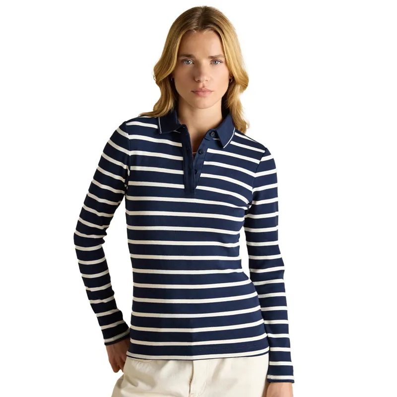 Joules Fairfield Womens Long Sleeve Polo Shirt - Navy/Cream Stripes