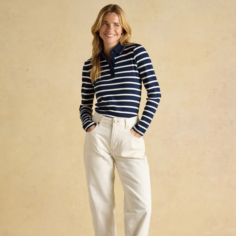 Joules Fairfield Womens Long Sleeve Polo Shirt - Navy/Cream Stripes-5